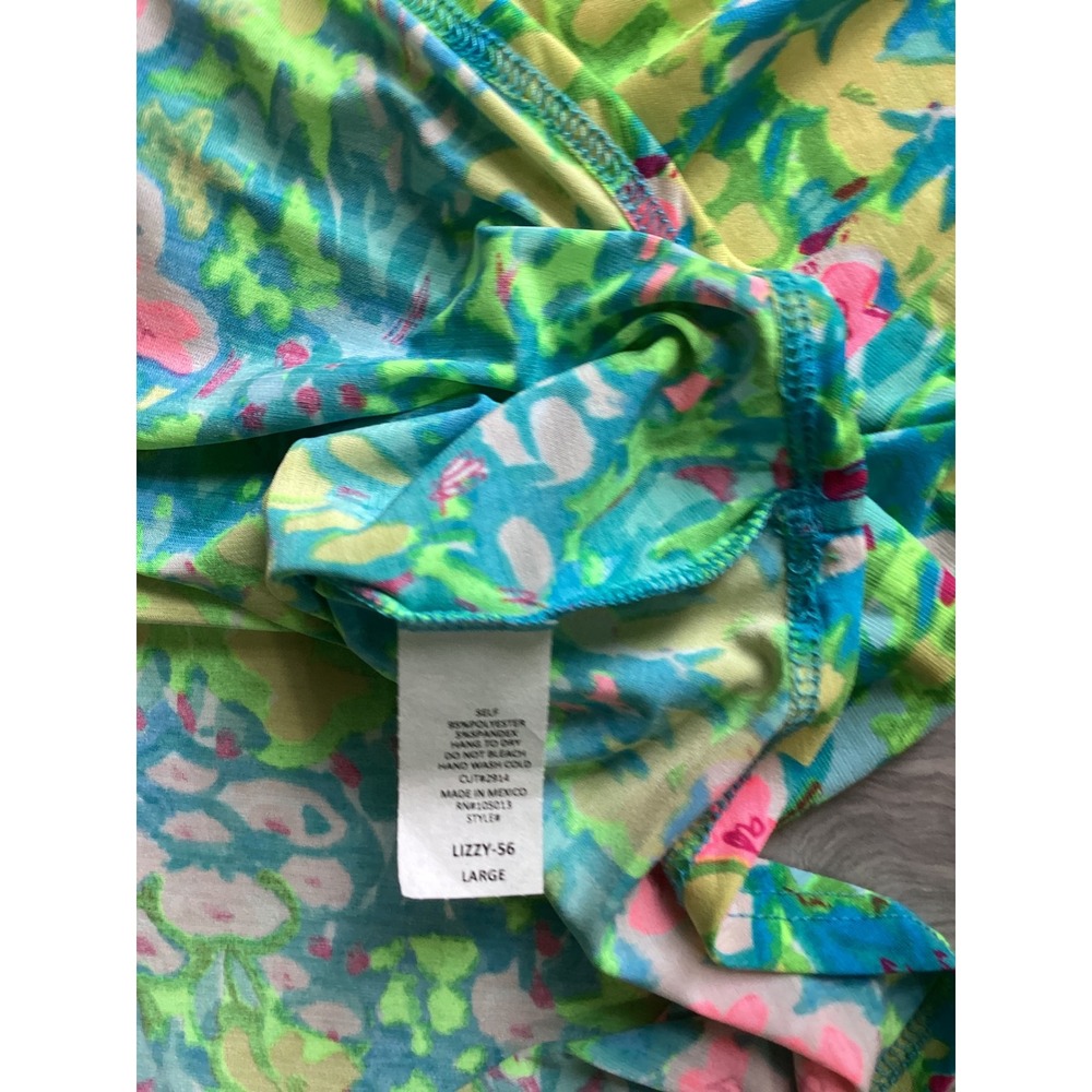 Dear Scarlett Lizzy-56 Floral V-Neck Roll Tab Sleeve Blouse Blue Pink Green L - Picture 6 of 7
